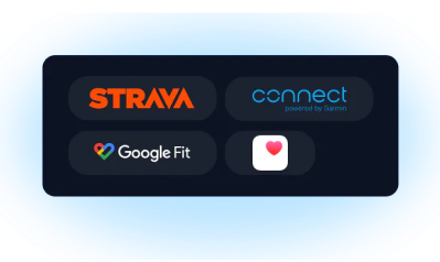 Logo do Strava, Garmin e Apple Saúde, ilustrando a integração da esteira com os mesmos.